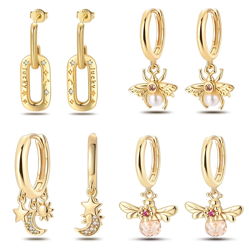 Pendientes Colgantes de Plata 925 con Abeja, Luna y Perla